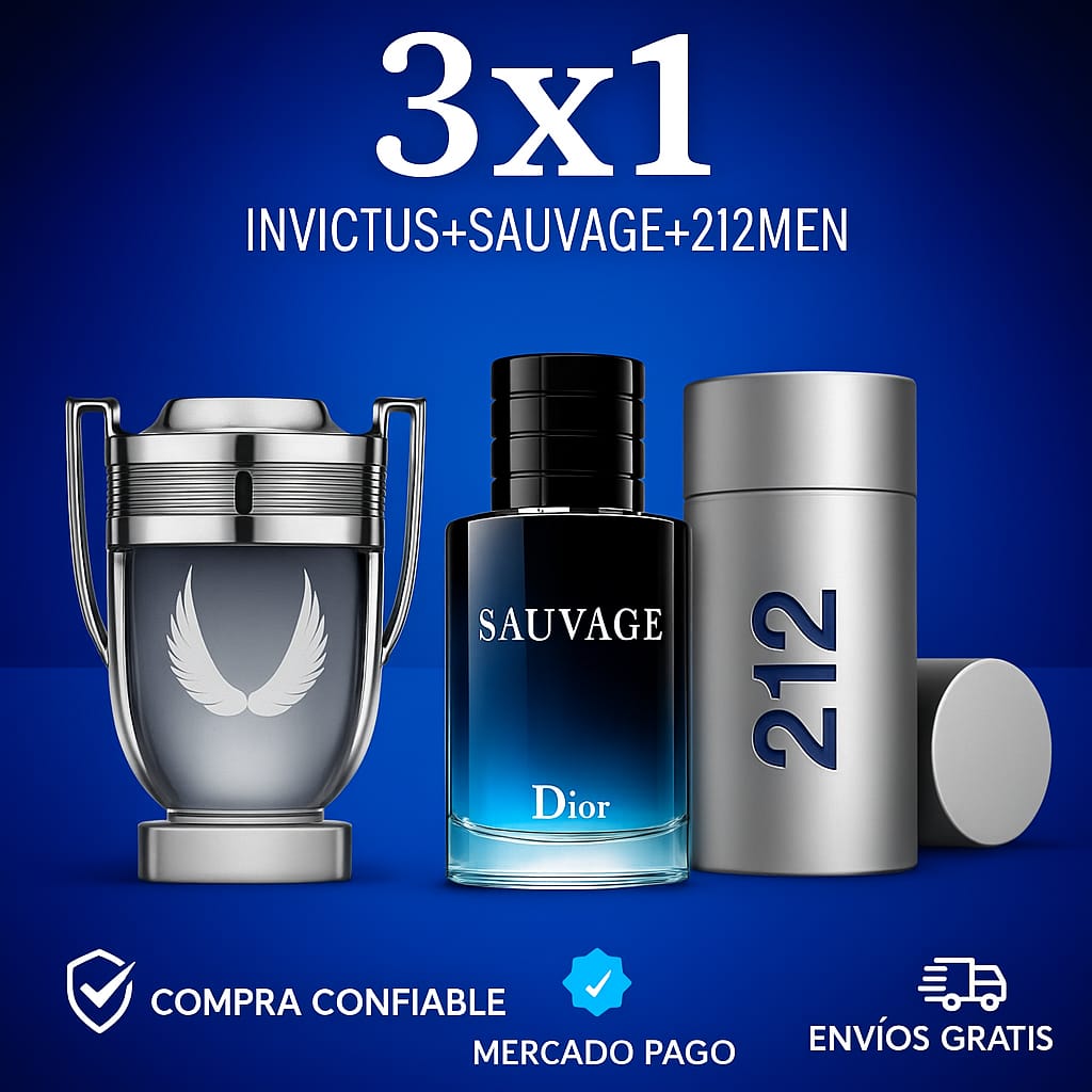 🔥3x1 FRAGANCIAS MASCULINAS DE LUJO SAUVAGE + INVICTUS+212 MEN 50ml 🔥
